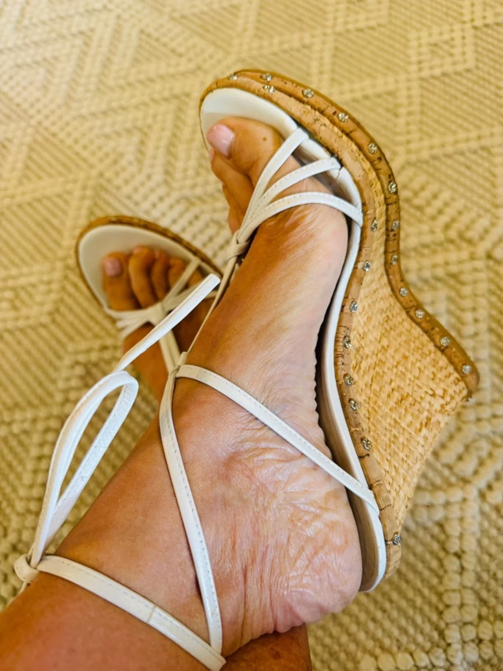 White Lace-Up Wedge Sandals with Natural Cork Platform - Picture 5 of 9